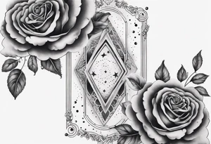 Vertical Clouds with tesseract inside and small roses and stars around it tattoo idea