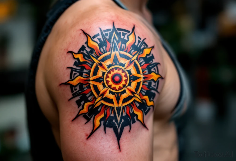 A stylized sun with orange, yellow, and red rays, echoing the Zia symbol of harmony. tattoo idea