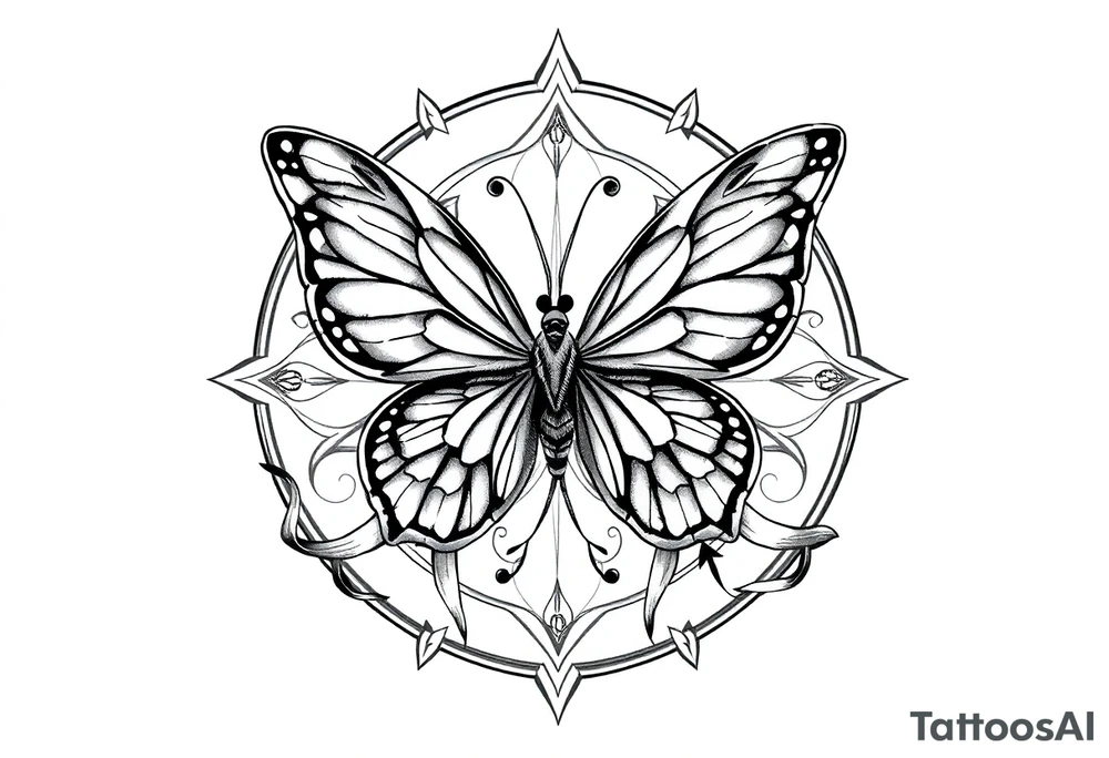 ethereal butterfly with flowing silk ribbons in geometric mandala tattoo idea