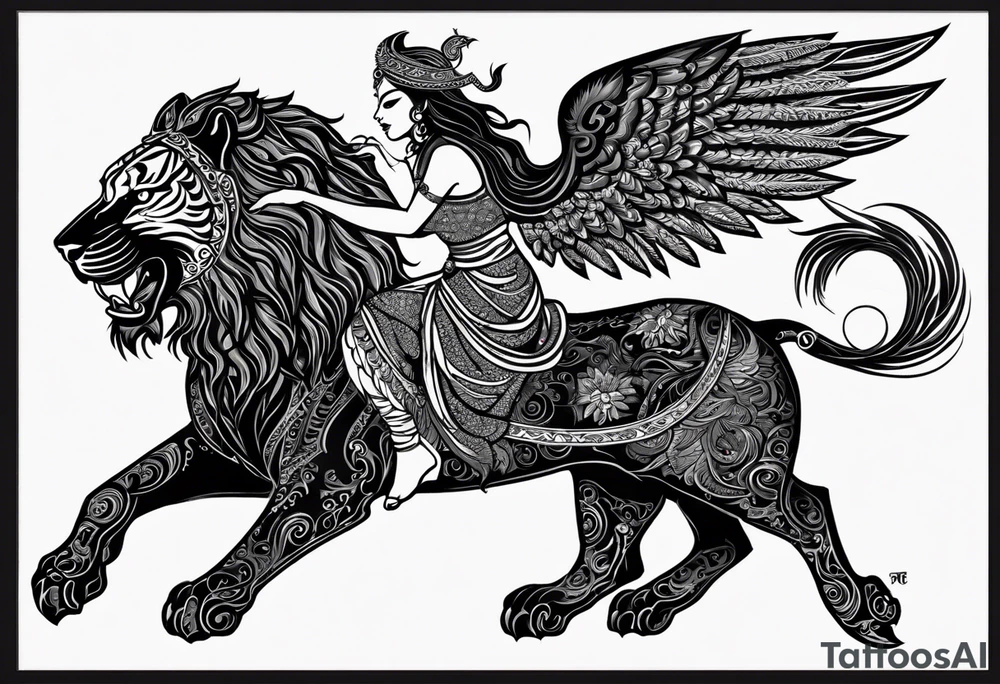 black kali, goddess pirate, alien, angel, pachamama, valkrye, warrior, flying, skull, lotus azul, wing, eagle, zenza resonance, stars, 5D, anahata chakra, death, durga, riding on a tiger, flying lady tattoo idea