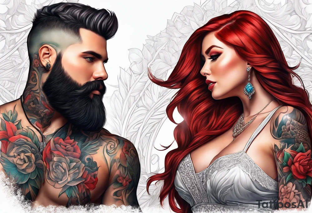 Busty red haired woman with a bearded man who has black hair tattoo idea