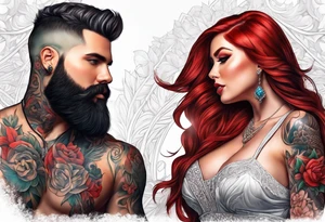 Busty red haired woman with a bearded man who has black hair tattoo idea