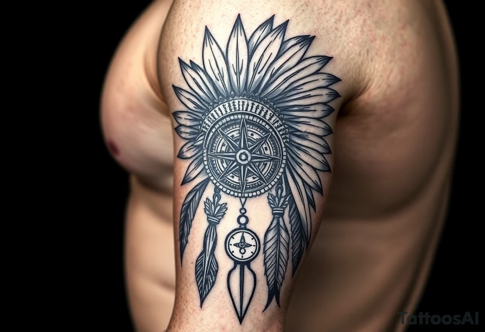 Indian headdress in the sun a compass and a clock and arrowhead tattoo idea
