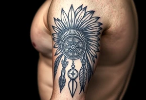 Indian headdress in the sun a compass and a clock and arrowhead tattoo idea