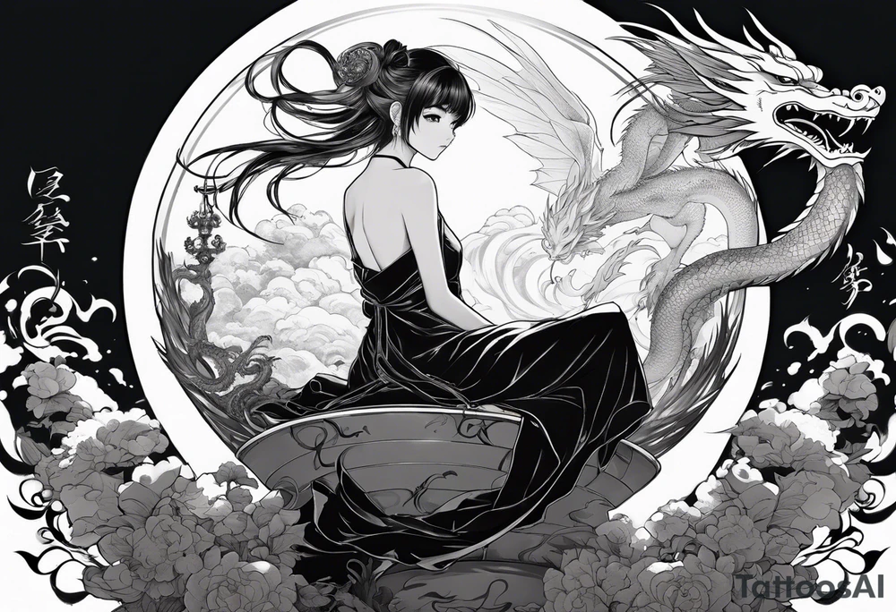 a full shot of an anime girl seen from far, sitting on a sphere and surrounded by asian dragon with wings tattoo idea