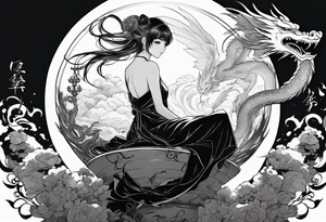 a full shot of an anime girl seen from far, sitting on a sphere and surrounded by asian dragon with wings tattoo idea