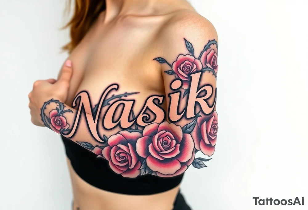 the word Nashika with roses surrounding with thorns tattoo idea