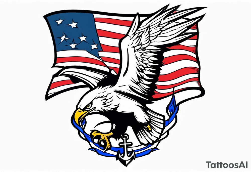 American eagle flying holding navy anchor and American flag tattoo idea