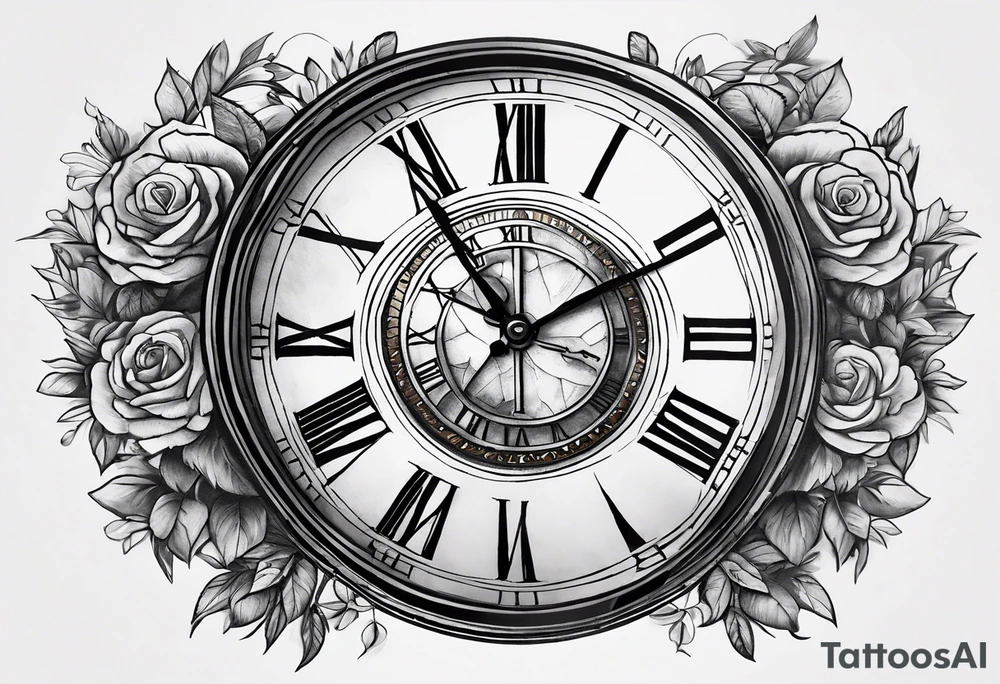 Draw me a tattoo located on the shoulder and upper arm of a man. The tattoo represents a clock in an hourglass with Roman numerals in the background. It is a symbol of the passing of time. tattoo idea