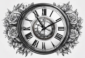 Draw me a tattoo located on the shoulder and upper arm of a man. The tattoo represents a clock in an hourglass with Roman numerals in the background. It is a symbol of the passing of time. tattoo idea