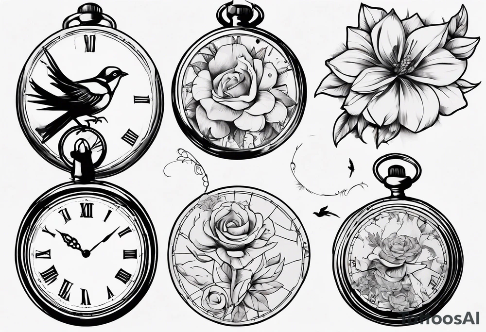 pocket watch, map , flower , bird tattoo idea