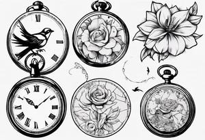 pocket watch, map , flower , bird tattoo idea