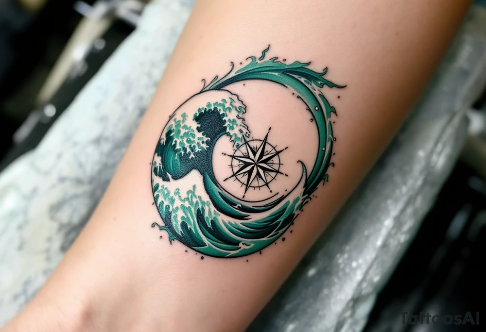 A deep sea green wave with frothy white caps encircles a compass rose on the forearm. tattoo idea