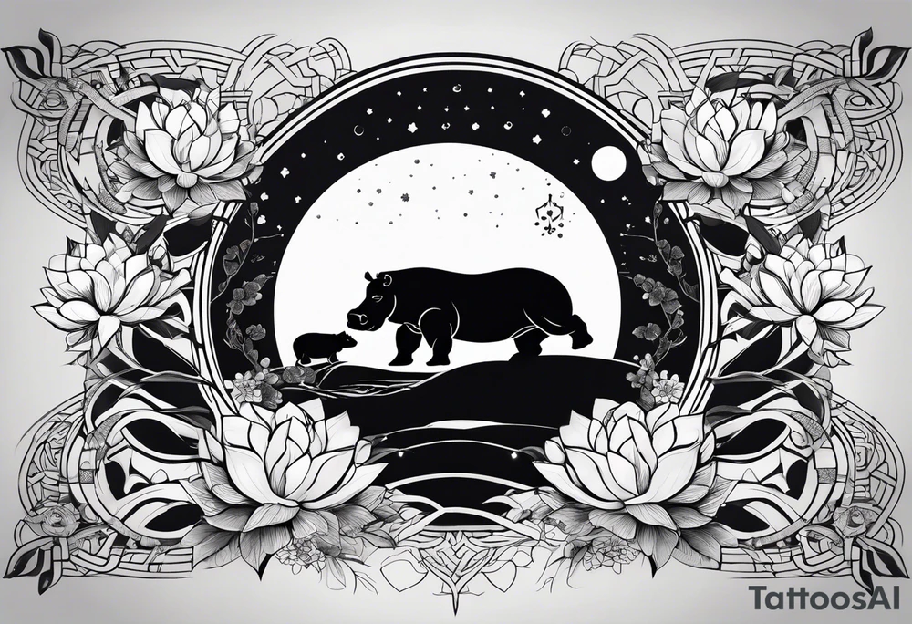 Very asymmetrical, +geometric pattern, with realistic full moon, with seeious looking hippo, +zen feel, + Buddhism touch, +tribal, +geometric
with wintersweet flower bud, +portrait orientation, +inkart touch, tattoo idea