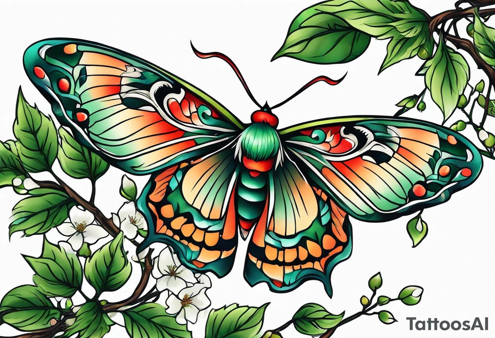 Moth flying around and winding long green branches and vines tattoo idea