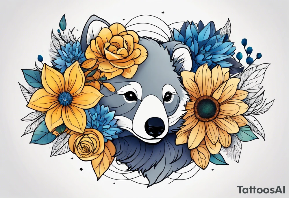 It will be a matching tattoo for 4 women. Our favorite flowers are yellow roses, lillies, blue daisies, and dahlias. Our favorite animals are koala, cat, turtle, and fox. tattoo idea