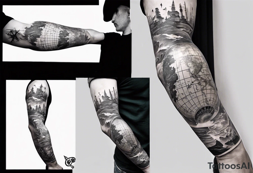 full arm tattoo for man with images of maps and travel and science tattoo idea