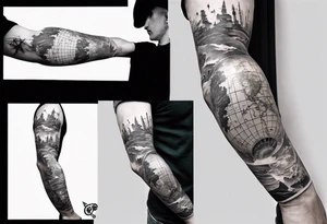 full arm tattoo for man with images of maps and travel and science tattoo idea