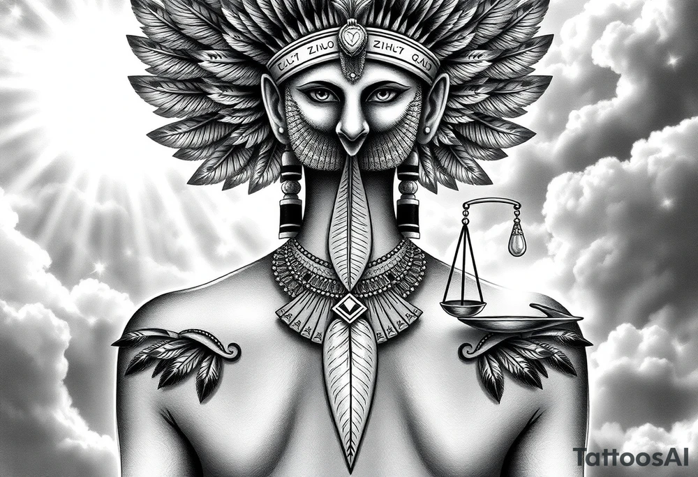 Beautiful Egyptian goddess with an elegant body, depicted as a regal woman with an ostrich feather headdress, and intricate ancient Egyptian jewelry such as the Anhk necklace. Background includes something similar to heaven. Incorporate the Scales of Justice—one side holding a heart, the other Ma’at’s feather—glowing with ethereal energy. Emphasize dramatic lighting, deep shadows, and surreal, mystical atmosphere tattoo idea