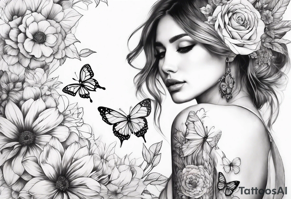 arm sleeve with dreamcatcher, rainbow flowers and one butterfly tattoo idea