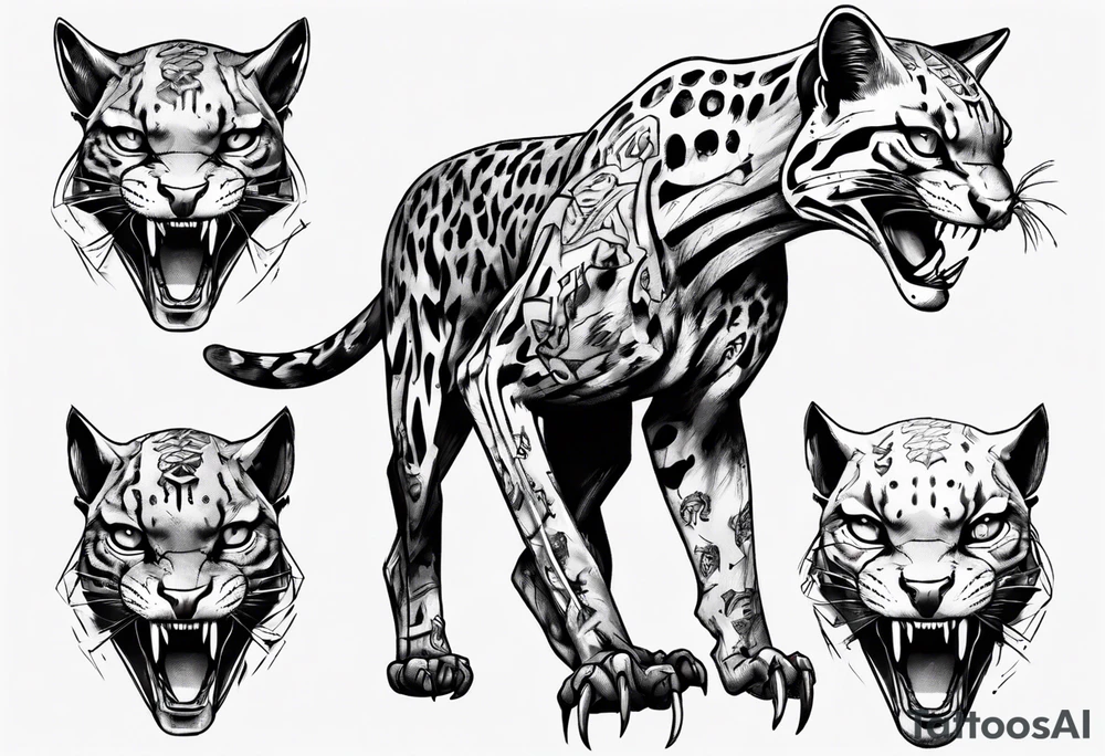cybernetic ocelot full body teeth showing tattoo idea