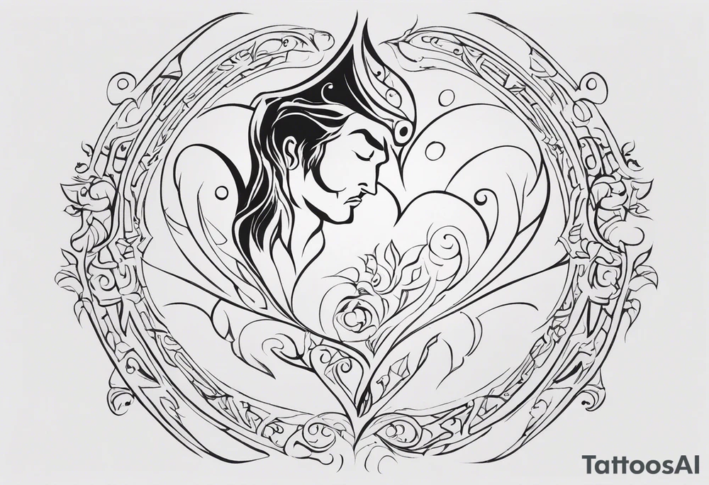 Creator for me a tatto design that consist in the following description, a man being held by the neck by his heart representing the emotions and fellings that make him stuck inside himself, on his side a beast represeting the rage and inner fury inside, glowing with all the mistakes that were made. On the other side a angelical creature, try to preserve the good side of him, and wanting him to follow a good path. tattoo idea