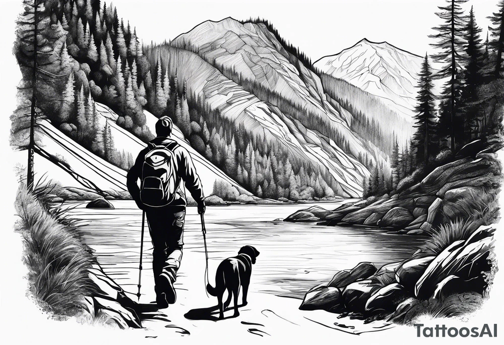 father son hiking with their dog and cat in the mountains, nature, waterfall, rive tattoo idea
