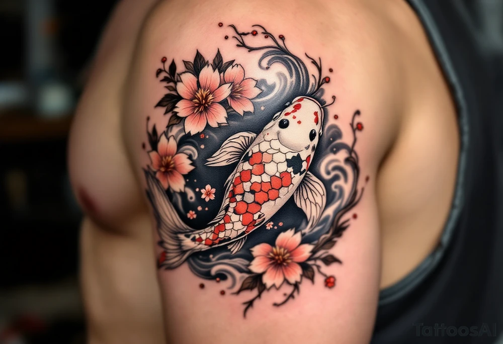 Koi carp swimming upstream through swirling water and cherry blossom petals tattoo idea