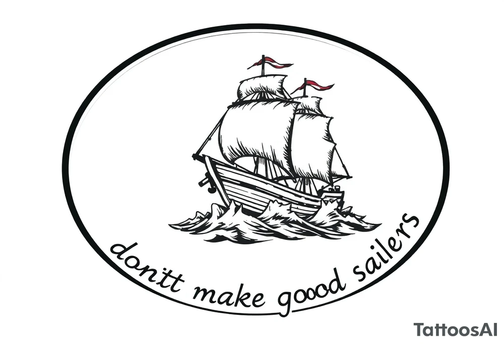 Can you please create an oval design of a ship in rough seas with the words “smooth seas don’t make good sailors”? tattoo idea