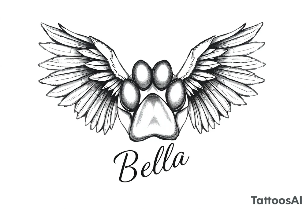 Dog print with angel wings and the name Bella tattoo idea