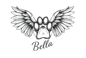 Dog print with angel wings and the name Bella tattoo idea