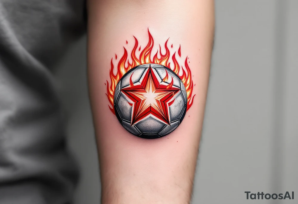A grayscale soccer ball on fire with red flames that shape the Slavia star. tattoo idea