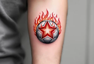 A grayscale soccer ball on fire with red flames that shape the Slavia star. tattoo idea