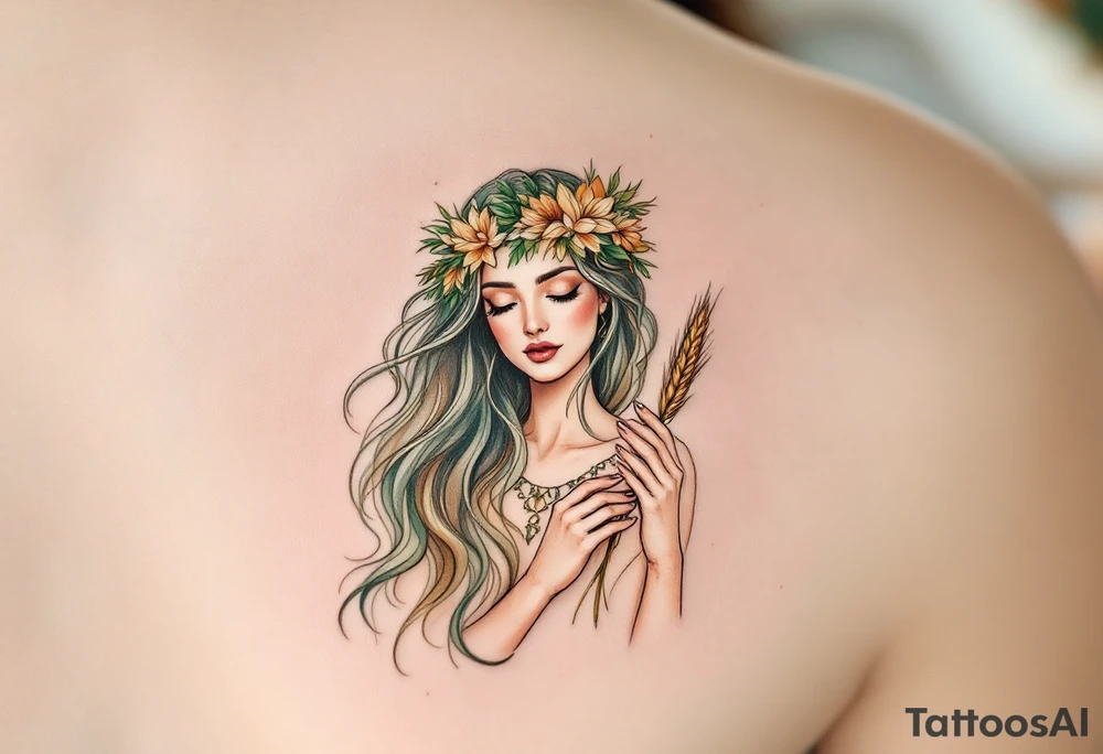A beautifully detailed Virgo goddess with long flowing hair, wearing a delicate floral crown. She holds a stalk of wheat in her hand, symbolizing harvest and nurturing energy. The design is enriched with earthy tones like deep green, soft brown, and warm gold, enhancing Virgo’s grounded nature. tattoo idea