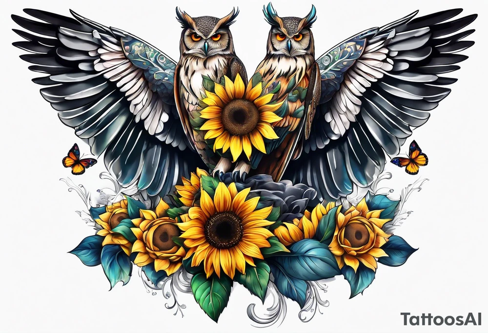 Sleeve with an owl, sunflower and butterfly tattoo idea