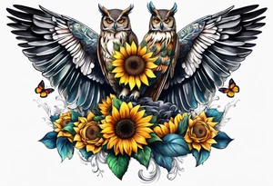 Sleeve with an owl, sunflower and butterfly tattoo idea
