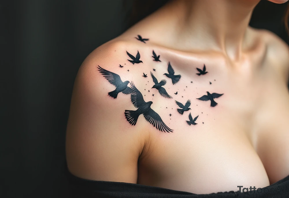 A flock of black birds soaring from the shoulder to the collarbone, symbolizing the journey to freedom. tattoo idea