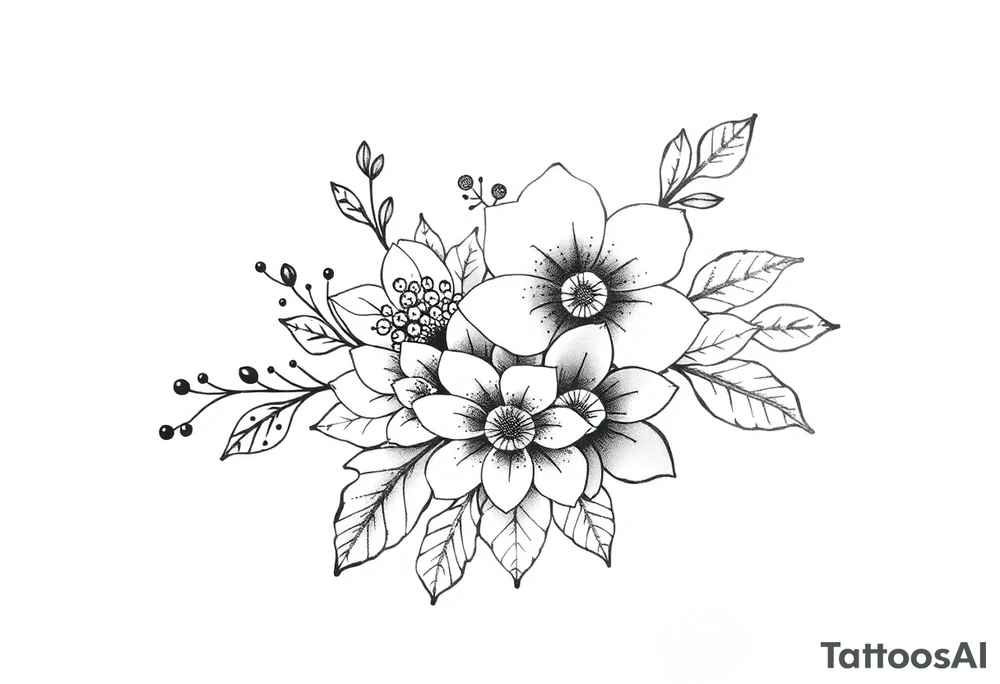 floral composition with japanese vibe, mutiple ornemental patern and leaf tattoo idea