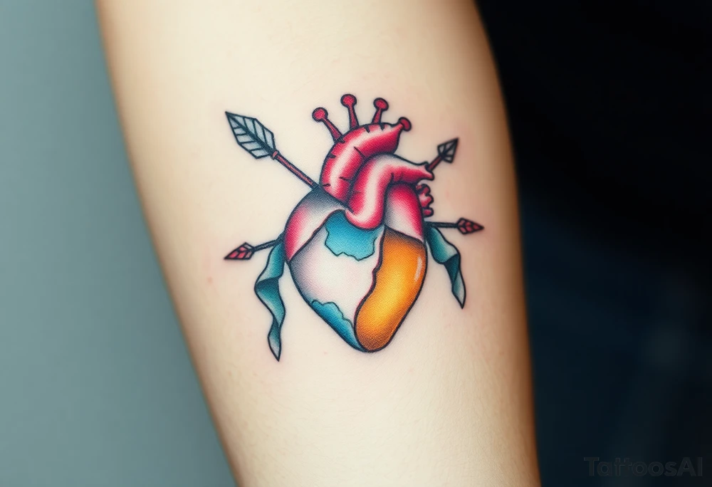 anatomical heart pierced by ornate arrow with flowing ribbons tattoo idea