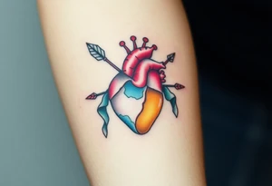 anatomical heart pierced by ornate arrow with flowing ribbons tattoo idea