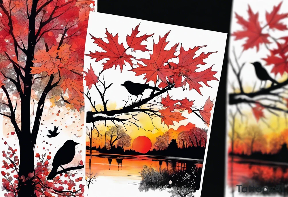trash polka style. Arm tattoo. chest tattoo. Long tattoo. large tattoo. Full sleeve. Shoulder. A single large maple tree with red autumn leaves that branches upwards from wrist to shoulder. White-throated dipper bird on the trees branches. Calluna flowers at the base of the trees stem. Tree stem has dark colors. Red/yellow sunset behind the trees stem. Leaves falling. tattoo idea