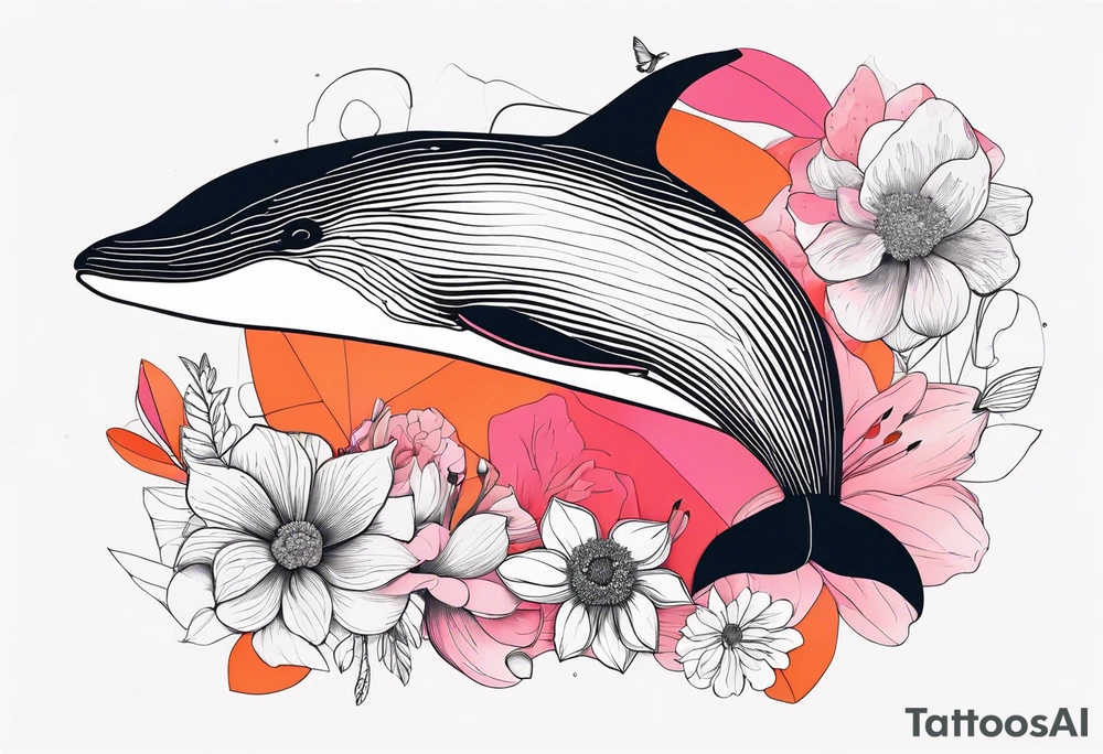 whale, hummingbird, face, flowers, bold color, collage, pink, orange, red tattoo idea