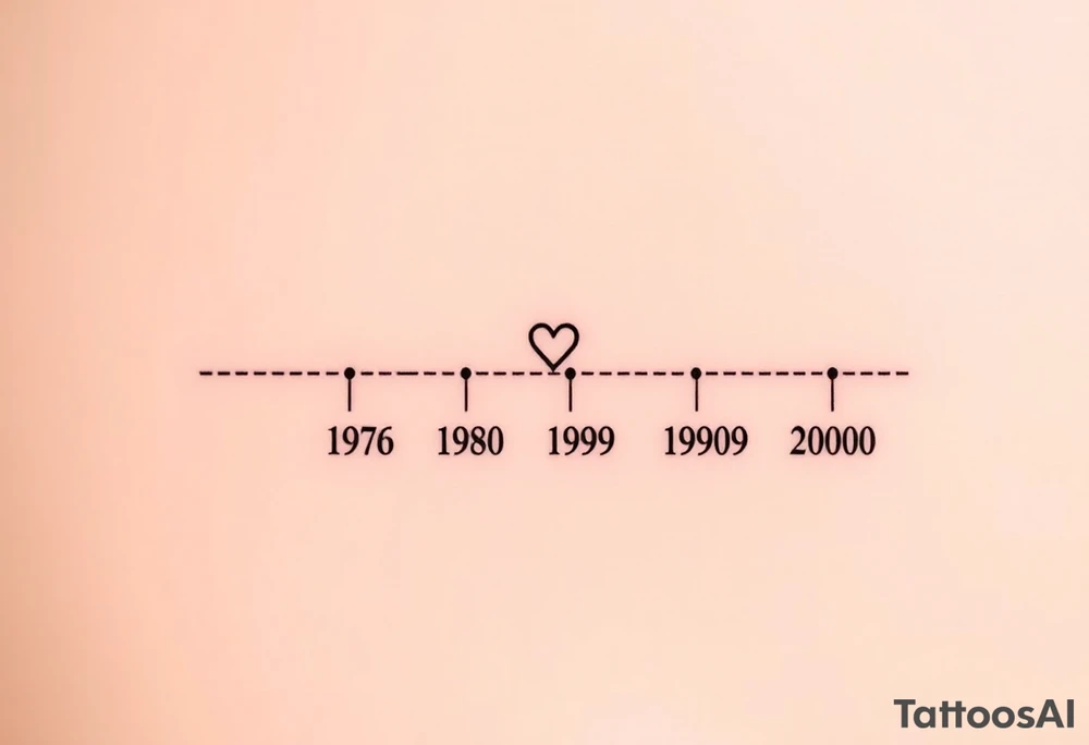 Alright, let's adapt this design to represent one parent and four kids in a timeline tattoo. Here's how we'll modify it:
Key Changes:
 * One Parent's Year: We'll use one year at the top, representing the parent.  We'll place a heart near it, just like in the example.
 * Four Children's Years: We'll include four birth years below, evenly spaced.
 * Initials (Optional): We can add the children's initials below their respective years for added personalization.
 * Spacing and Alignment: We'll ensure the spacing between the years is balanced and the alignment is clean.
Design Description:
 * Top Line: The parent's birth year (1957) will be at the top, centered.  A small heart will be placed either directly beside it or slightly above it.
 * Timeline Line: A faint, dotted line will extend horizontally from the parent's year, representing the timeline.
 * Children's Years: Four birth years (1980, 1989, 1998, 2000) will be placed below the dotted line, evenly spaced.
 * Initials (Optional): If desired, the children's initials (L, E, K, J) can be placed directly below their respective birth years.
 * Font: A simple, sans-serif font will be used for the numbers and initials, maintaining the clean and minimalist aesthetic.
 * Placement: The tattoo would work well on the forearm, running lengthwise, similar to the provided example.
Visualizing It:
Imagine it like this:
          1957 <3 
    .......................
    1980   1989   1998   2000
     L      E      K      J  (Optional)

How to Get This Tattoo:
 * Refine the Design: Decide on the exact placement of the heart, the font, and whether you want to include initials.
 * Consult a Tattoo Artist: Show the artist the reference image and explain the changes you want. They can help you finalize the design and ensure it will look great as a tattoo.
 * Consider Size and Placement: Discuss the size of the tattoo and the best placement on your body with the artist.
Let me know if you'd like any further adjustments or have any other questions! tattoo idea