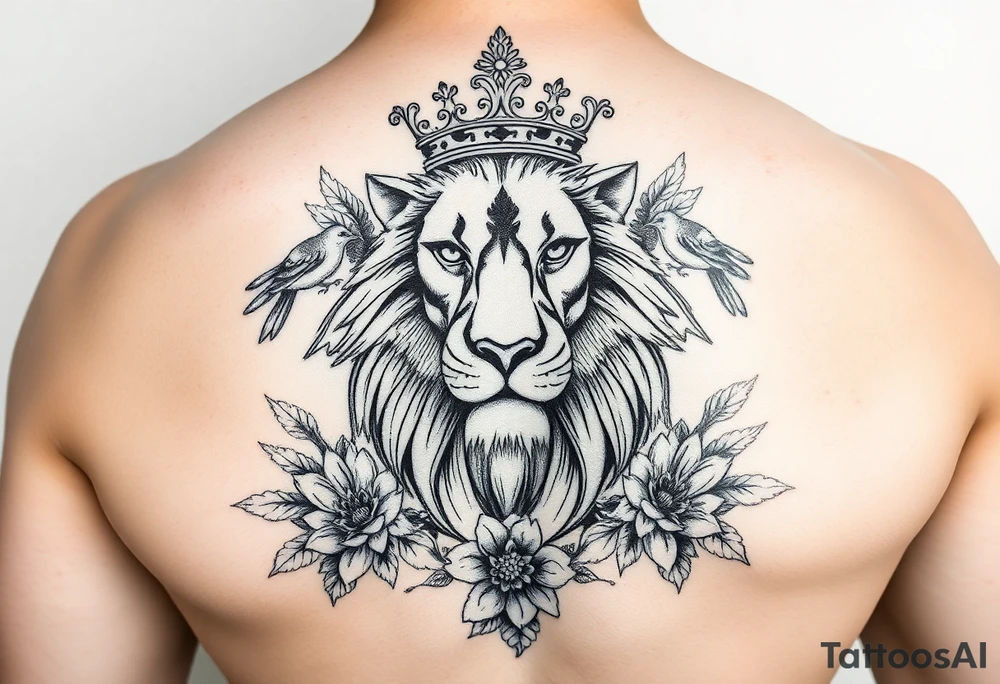 powerful majestic lion with a crown, surrounded by floral ornaments and birds tattoo idea