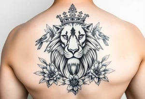 powerful majestic lion with a crown, surrounded by floral ornaments and birds tattoo idea