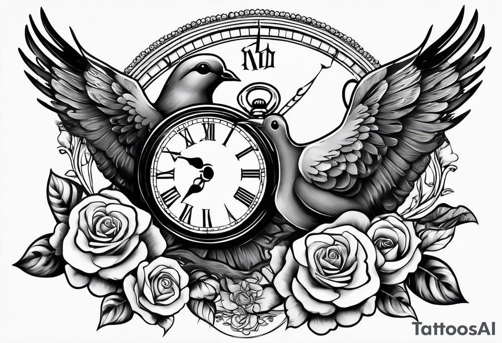 Dove with a clock and rose in clouds tattoo idea