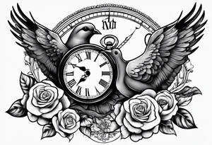 Dove with a clock and rose in clouds tattoo idea
