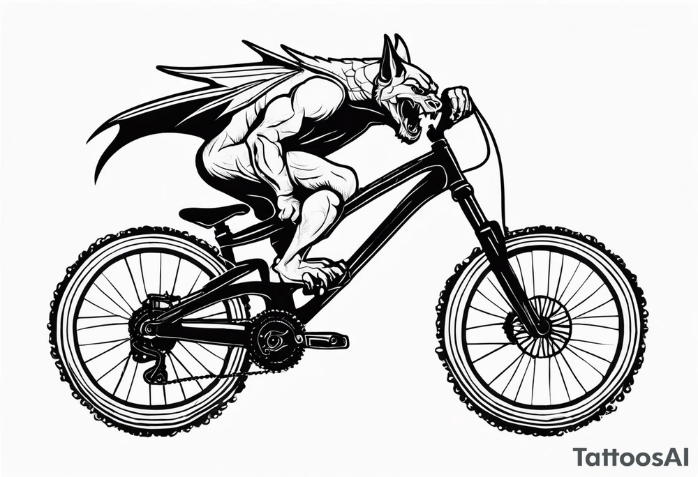 gargoyle riding a full suspension mountain bike with a shadow no background tattoo idea