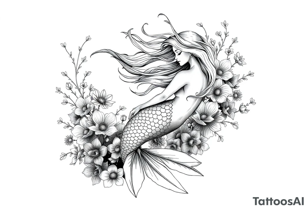 ethereal mermaid with flowing hair among coral and sea flowers tattoo idea