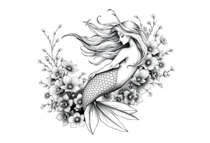 ethereal mermaid with flowing hair among coral and sea flowers tattoo idea